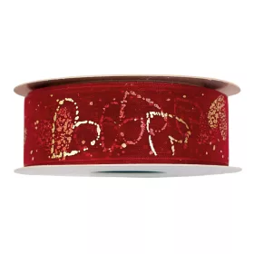 Panglică organza cu inimioare aurii 25mm x 10m - Roșu