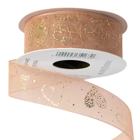Panglică organza cu inimioare aurii 25mm x 10m - Bej pudrat