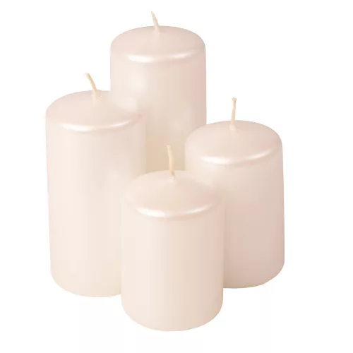 Set lumânări cilindru advent scară, Ø50 x 70/80/100/120mm - Perlat metalizat alb