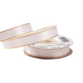 Panglică satinată cu margine aurie 16mm x 20m - Alb