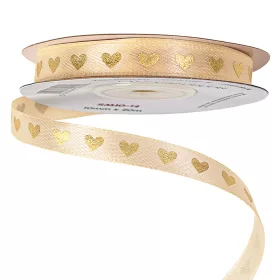 Panglică satinată crem cu inimioare aurii 10mm x 20m