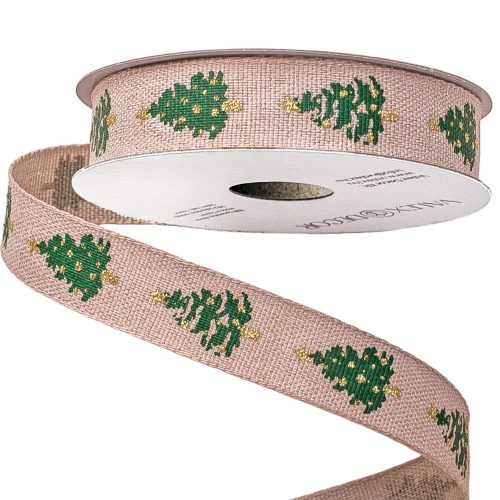 Panglică de Crăciun din pânză cu brăduț 10mm x 6.5m - Natur
