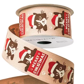   Panglică de Crăciun cu pisici și text „Merry Christmas”, cu margine sârmă 38mm x 6.4m